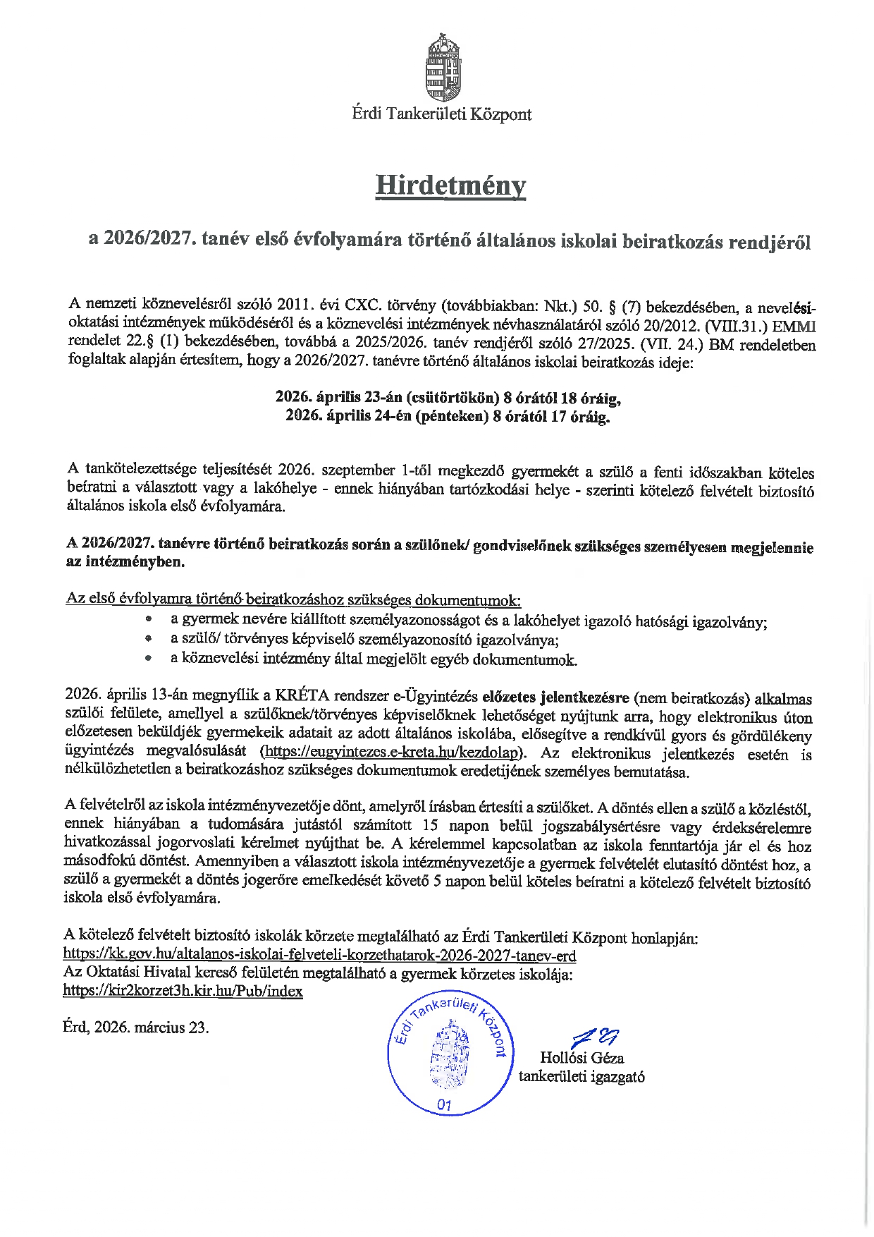 Hírdetmény 2026 2027 tanév beiratkozás page 0001